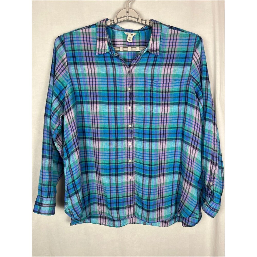 NWOT L. L. Bean 100% Linen Blue and Purple Plaid Button Up Shirt